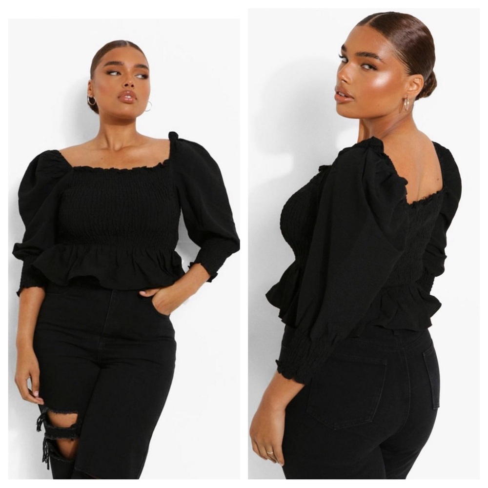 Boohoo Black 3/4 Puff Sleeve Ruffle Top in Women’s Size XXL